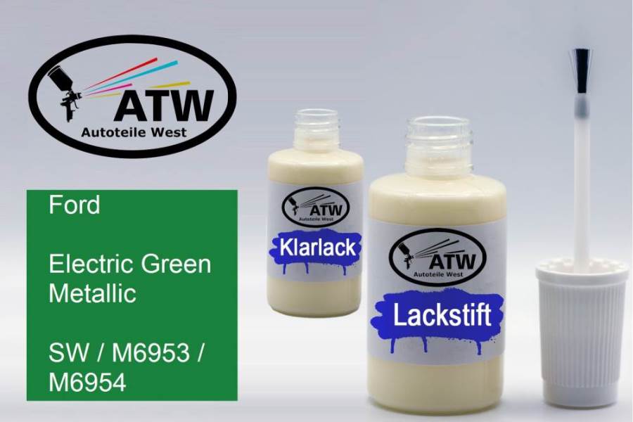 Ford, Electric Green Metallic, SW / M6953 / M6954: 20ml Lackstift + 20ml Klarlack - Set, von ATW Autoteile West.